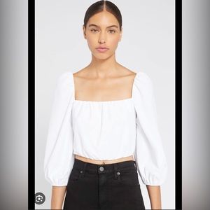 Alice + Olivia Alta Peasant Top, White with puffy sleeves and cropped | Small